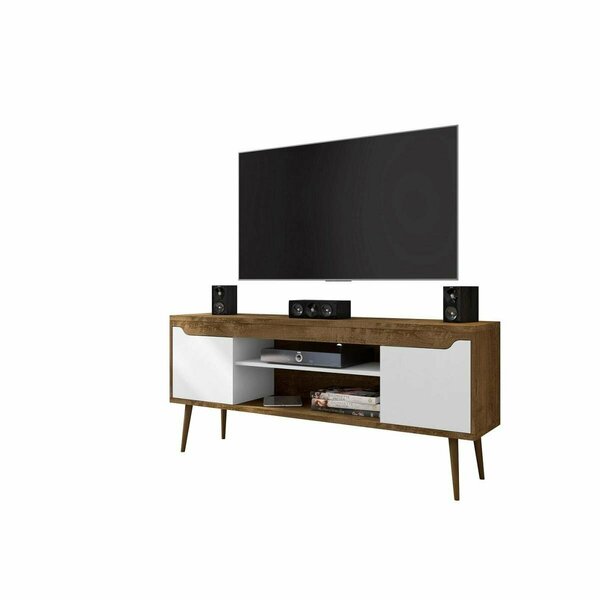 Designed To Furnish Bradley TV Stand Rustic Brown, White, 2 Media Shelves, 2 Storage Shelves, 26.57 x 62.99 x 14.17 in. DE2616432